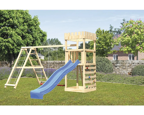 Tour de jeux cabane de jeux Karibu 107 x 107 cm en bois avec extension, tour de base, rampe en filet, portique et toboggan