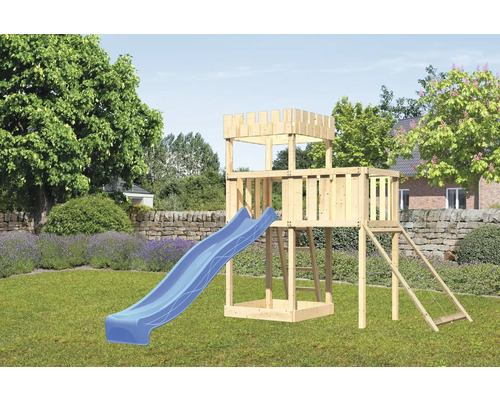 Tour de jeux cabane de jeux Karibu Löwenherz 107 x 107 cm en bois avec toboggan, extension et rampe en filet