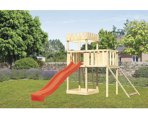 Tour de jeux cabane de jeux Karibu Löwenherz 107 x 107 cm en bois avec toboggan, extension et rampe en filet