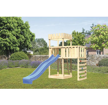 Spielturm aus Holz mit Rutsche, Kletterwand und Leiter im Garten