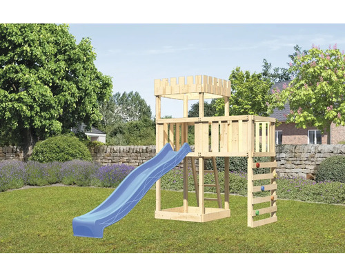 Tour de jeux cabane de jeux Karibu Löwenherz 107 x 107 cm en bois avec toboggan, extension et mur d'escalade