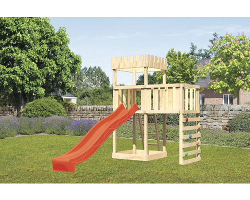 Tour de jeux cabane de jeux Karibu Löwenherz 107 x 107 cm en bois avec toboggan, extension et mur d'escalade