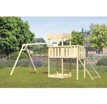 Spielplatz mit Schaukel, Turm und Rutsche im Garten
