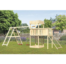 Spielplatz mit Schaukel, Kletterwand und Spielturm aus Holz