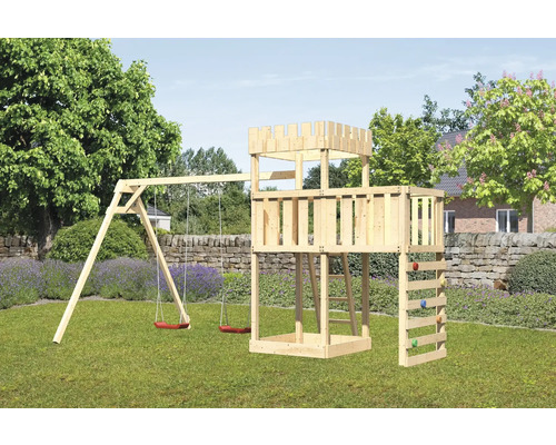 Tour de jeux cabane de jeux Karibu Löwenherz 107 x 107 cm en bois avec 2 balançoires, extension et mur d'escalade