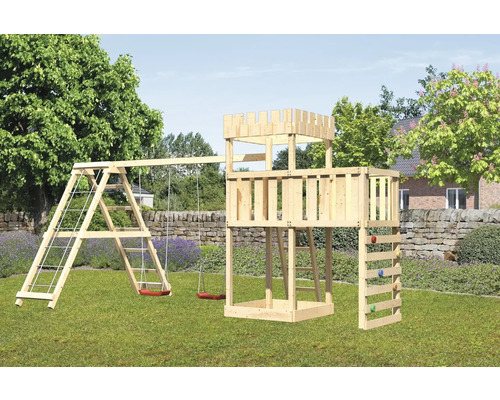 Tour de jeux cabane de jeux Karibu Löwenherz 107 x 107 cm en bois avec extension, tour de base, rampe en filet et portique