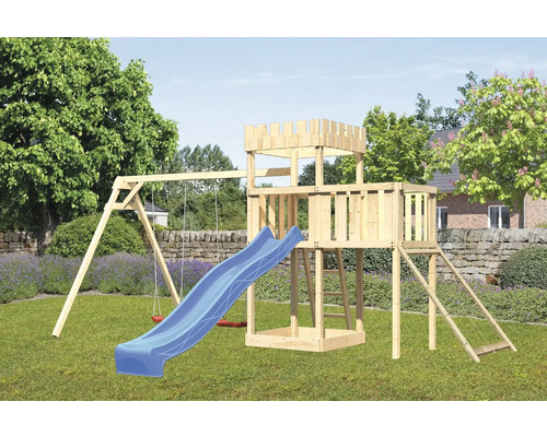 Tour de jeux cabane de jeux Karibu Löwenherz 107 x 107 cm en bois avec toboggan, 2 balançoires, extension et rampe en filet