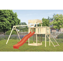 Spielplatz mit Schaukel, Rutsche und Turm im Garten