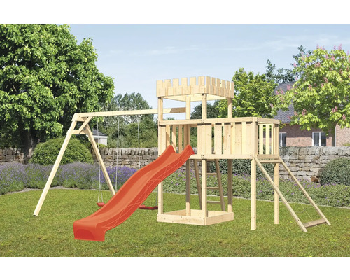 Tour de jeux cabane de jeux Karibu Löwenherz 107 x 107 cm en bois avec toboggan, 2 balançoires, extension et rampe en filet