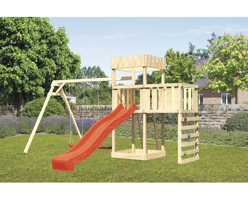 Tour de jeux cabane de jeux Karibu Löwenherz 107 x 107 cm en bois avec toboggan, 2 toboggans, extension et mur d'escalade