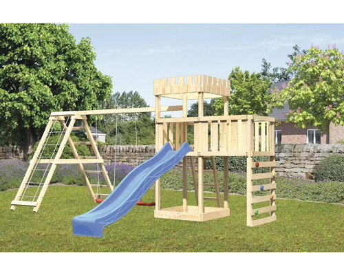 Tour de jeux cabane de jeux Karibu 107 x 107 cm en bois avec extension, tour de base, rampe en filet, portique et toboggan