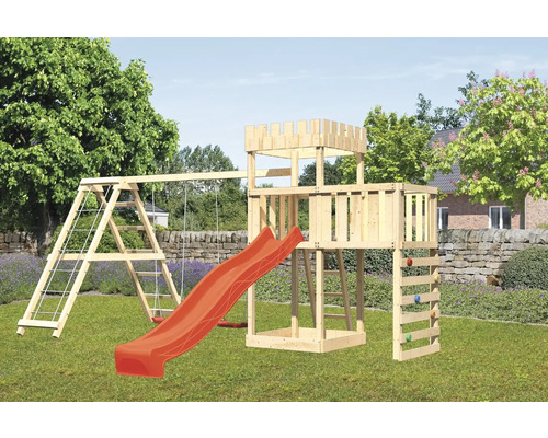 Tour de jeux cabane de jeux Karibu Löwenherz 107 x 107 cm en bois avec extension, tour de base, rampe en filet, portique et toboggan