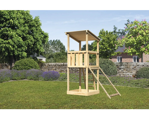 Tour de jeux cabane de jeux Karibu Anna 107 x 107 cm en bois avec rampe en filet