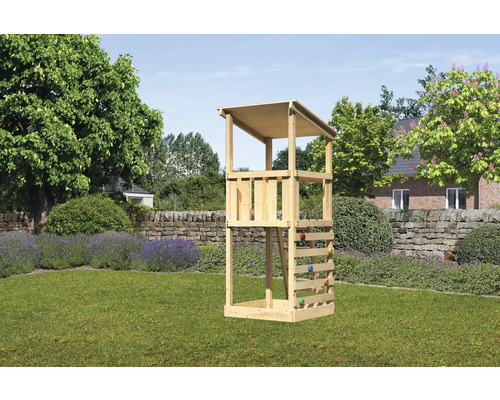 Spielturm Spielhaus Karibu Anna 107 x 107 cm Holz bestehend aus Kletterwand Spielturm aus Holz mit Kletterwand im Garten