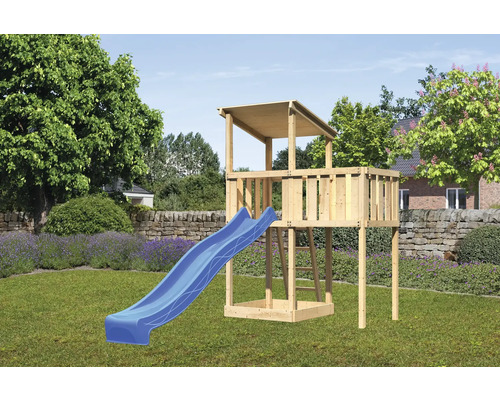 Tour de jeux cabane de jeux Karibu Anna 107 x 107 cm en bois avec toboggan et extension