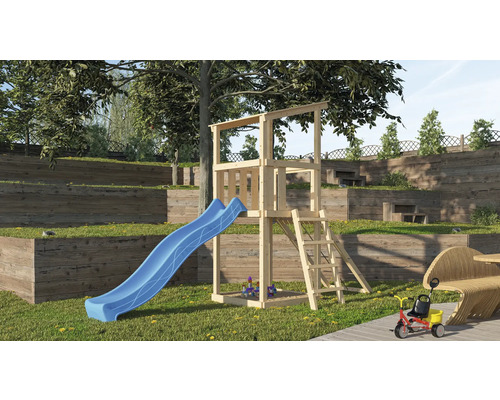 Tour de jeux cabane de jeux Karibu Anna 107 x 107 cm en bois avec toboggan et rampe en filet