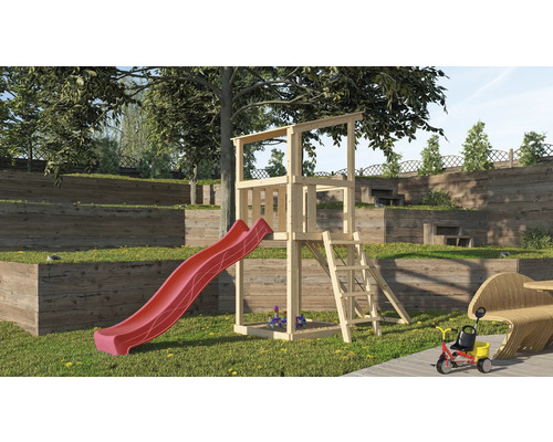 Tour de jeux cabane de jeux Karibu Anna 107 x 107 cm en bois avec toboggan et rampe en filet