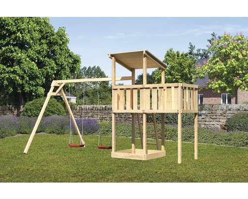 Tour de jeux cabane de jeux Karibu Anna 107 x 107 cm en bois avec 2 balançoires et extension