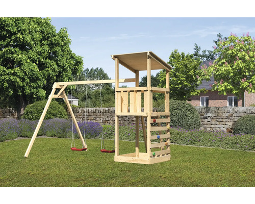 Tour de jeux cabane de jeux Karibu Anna 107 x 107 cm en bois avec 2 balançoires et mur d'escalade