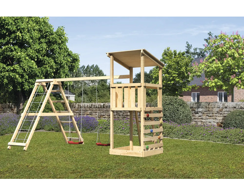 Spielturm Spielhaus Karibu Anna 107 x 107 cm Holz bestehend aus Anbau, Grundturm, Netzrampe, Rutsche, Plattform, Schaukel