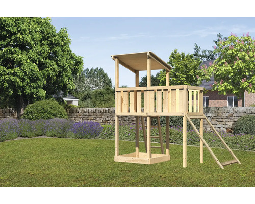 Spielturm Spielhaus Karibu Anna 107 x 107 cm Holz bestehend aus Anbau, Netzrampe