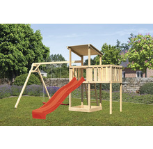 Spielturm aus Holz mit Schaukel und Rutsche im Garten
