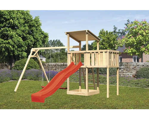 Tour de jeux cabane de jeux Karibu Anna 107 x 107 cm en bois avec toboggan, 2 balançoires et extension