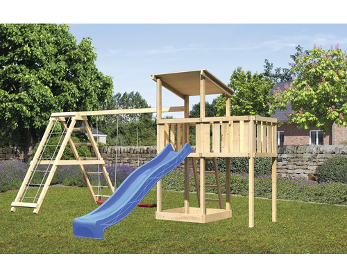 Tour de jeux cabane de jeux Karibu Anna 107 x 107 cm en bois avec extension, tour de base, rampe en filet, toboggan, plateforme et portique