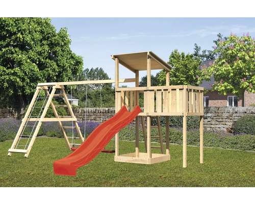 Tour de jeux cabane de jeux Karibu 107 x 107 cm en bois composée d'une extension, d'une tour de base, d'une rampe en filet, d'un toboggan, d'une plateforme, d'une balançoire