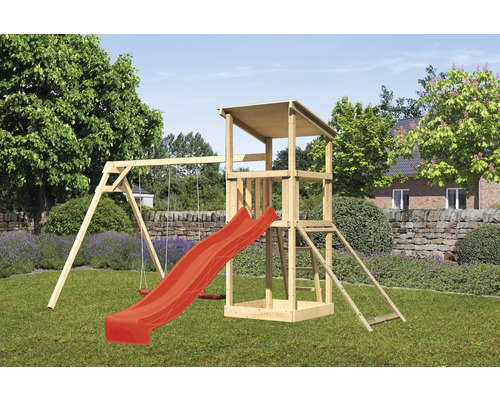 Spielturm Spielhaus Karibu Anna 107 x 107 cm Holz bestehend aus Rutsche, 2 Brettschaukeln, Netzrampe