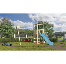 Spielplatz mit Schaukel, Rutsche und Spielturm im Garten