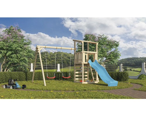 Tour de jeux cabane de jeux Karibu 107 x 107 cm en bois avec toboggan, 2 balançoires et mur d'escalade