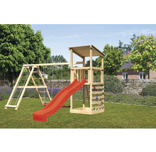 Spielturm mit Schaukel, Rutsche und Kletterwand im Garten