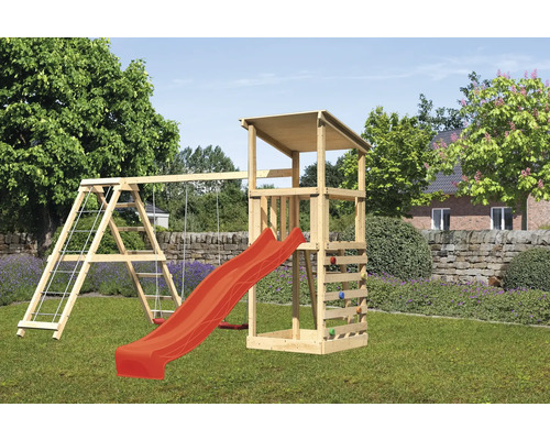 Tour de jeux cabane de jeux Karibu Anna 107 x 107 cm en bois avec extension, tour de base, rampe en filet, toboggan, plateforme et portique