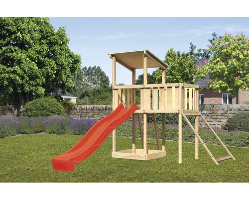 Spielturm Spielhaus Karibu Anna 107 x 107 cm Holz bestehend aus Rutsche, Anbau, Netzrampe