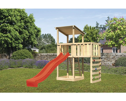 Tour de jeux cabane de jeux Karibu Anna 107 x 107 cm en bois avec toboggan, extension et mur d'escalade