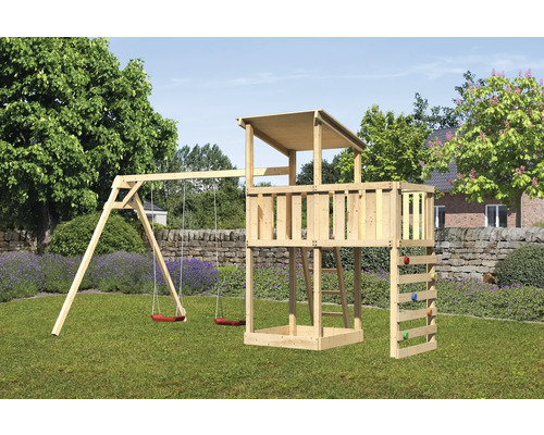 Tour de jeux cabane de jeux Karibu Anna 107 x 107 cm en bois avec 2 balançoires, extension et mur d'escalade