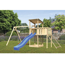 Spielturm aus Holz mit Schaukel und Rutsche im Garten