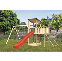 Spielturm mit Schaukel und Rutsche aus Holz im Garten