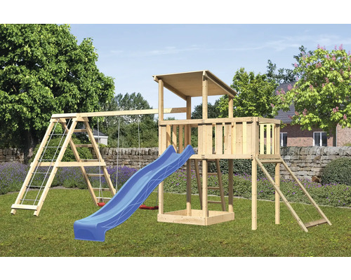 Tour de jeux cabane de jeux Karibu 107 x 107 cm en bois avec extension, tour de base, rampe en filet, toboggan, plateforme et portique