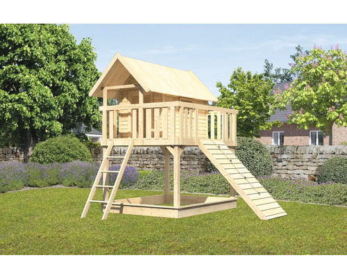 Tour de jeux cabane de jeux Karibu Fidel 198 x 243 cm en bois avec rampe en bois et tour de base