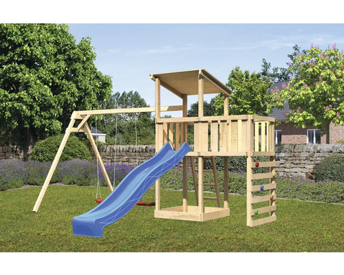 Tour de jeux cabane de jeux Karibu Anna 107 x 107 cm en bois avec toboggan, 2 balançoires, extensionet mur d'escalade