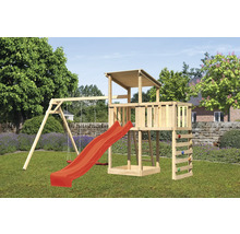 Holzspielplatz mit Schaukel, Rutsche, Kletterwand und Spielturm im Garten