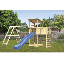Spielturm aus Holz mit Rutsche, Schaukel und Kletterwand im Garten