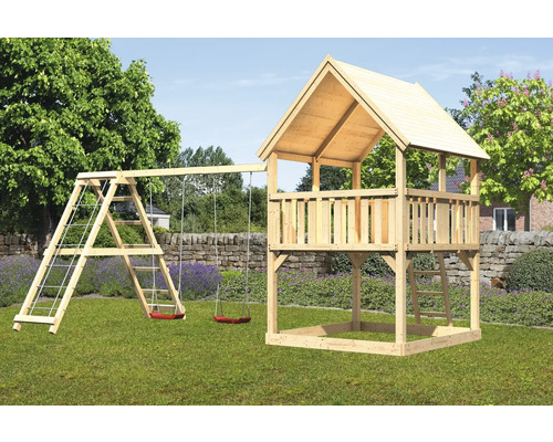 Tour de jeux cabane de jeux Karibu Luis 200 x 200 cm en bois avec tour de base, toboggan, mur d'escalade, une extension et un portique