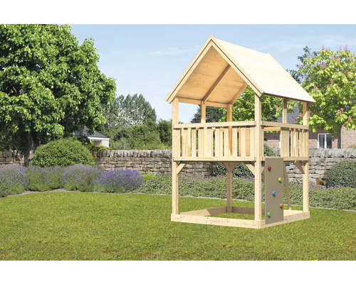 Tour de jeux cabane de jeux Karibu Luis 200 x 200 cm en bois avec mur d'escalade