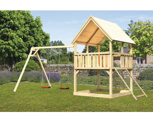 Tour de jeux cabane de jeux Karibu Luis 200 x 200 cm en bois avec 2 balançoires et rampe en filet