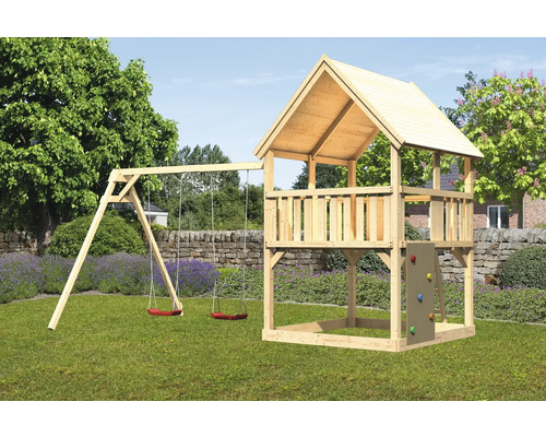 Tour de jeux cabane de jeux Karibu Luis 200 x 200 cm en bois avec 2 balançoires et mur d'escalade