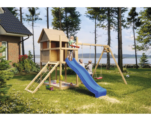 Spielturm Spielhaus Karibu Frieda 107 x 107 cm Holz bestehend aus Rutsche, 2 Brettschaukeln, Netzrampe, blau Spielplatz mit Spielhaus, Rutsche und Schaukel für Kinder im Garten