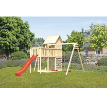 Holzspielhaus mit Rutsche und Schaukel im Garten